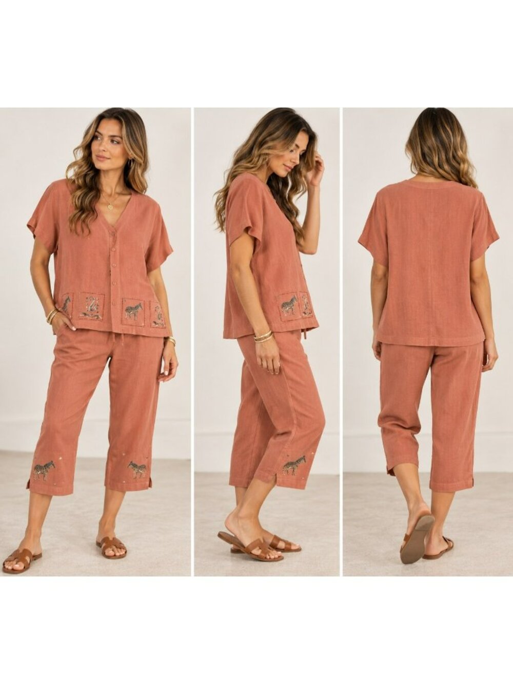 Jane Ashley Women’s M Coral Linen Zebra Embroidered Capri Set 2 Pc Safari Y2K